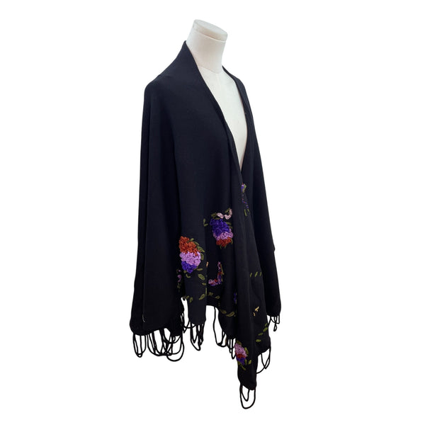 Angel Design By Hanton Black Wool & Acrylic Floral Embroidery Fringe Hem Poncho