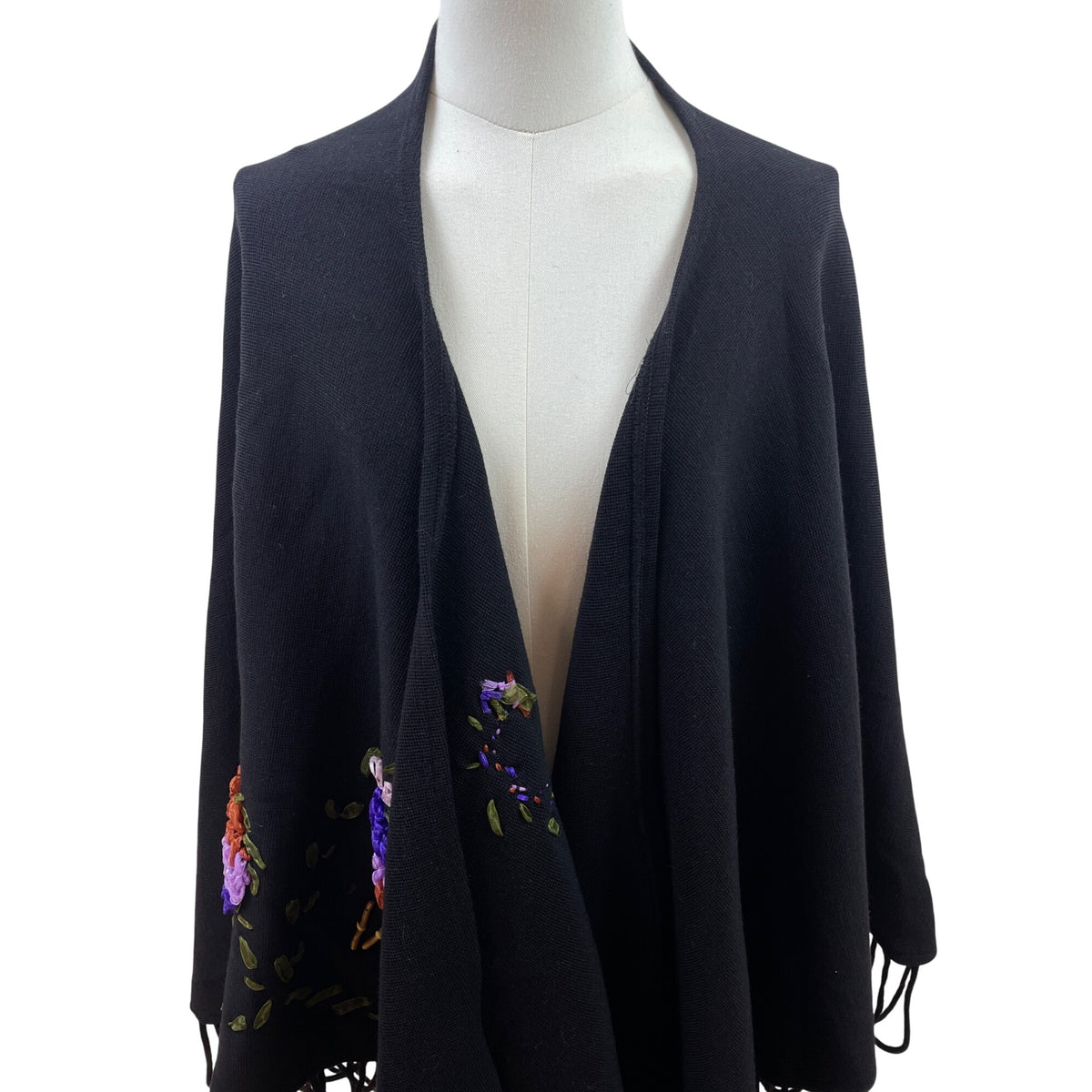 Angel Design By Hanton Black Wool & Acrylic Floral Embroidery Fringe Hem Poncho