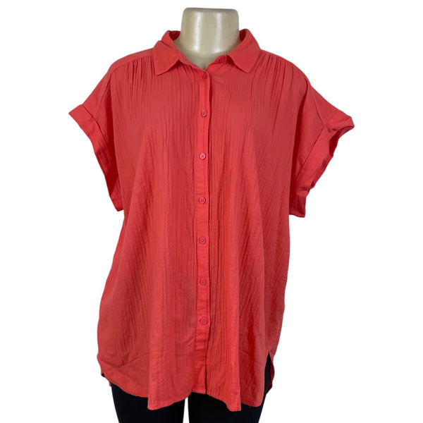 Loft Womens Coral Button-Down Short-Sleeve Top Size XL