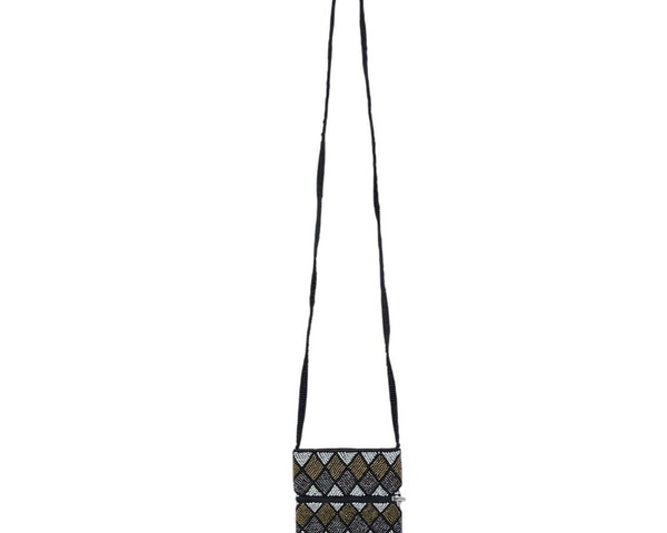 Beaded Harlequin Pattern Black Gold Silver White Crossbody Bag Sz S