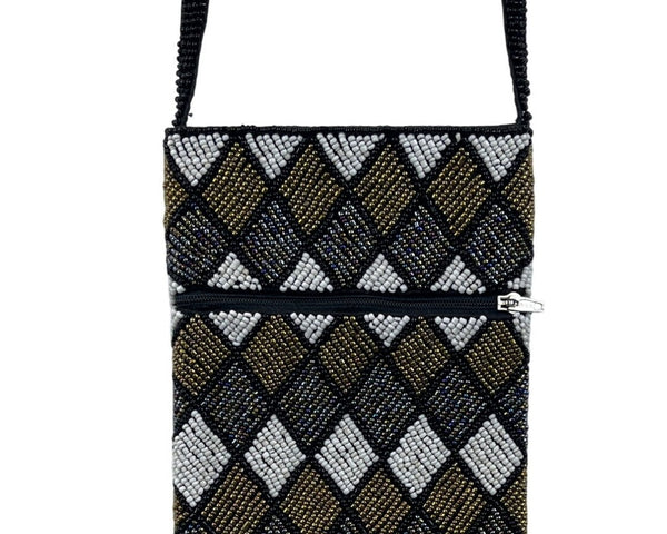 Beaded Harlequin Pattern Black Gold Silver White Crossbody Bag Sz S