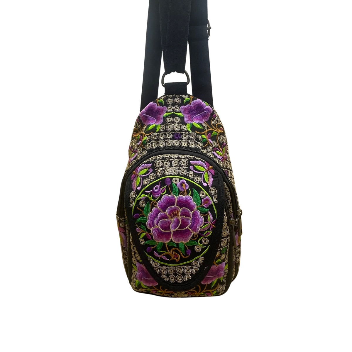Women’s Black & Purple Floral Embroidered Adjustable Strap Sling Bag Size S
