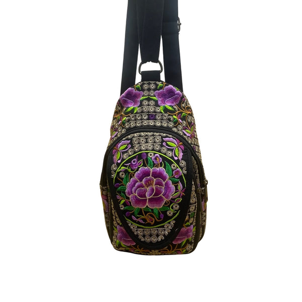 Women’s Black & Purple Floral Embroidered Adjustable Strap Sling Bag Size S