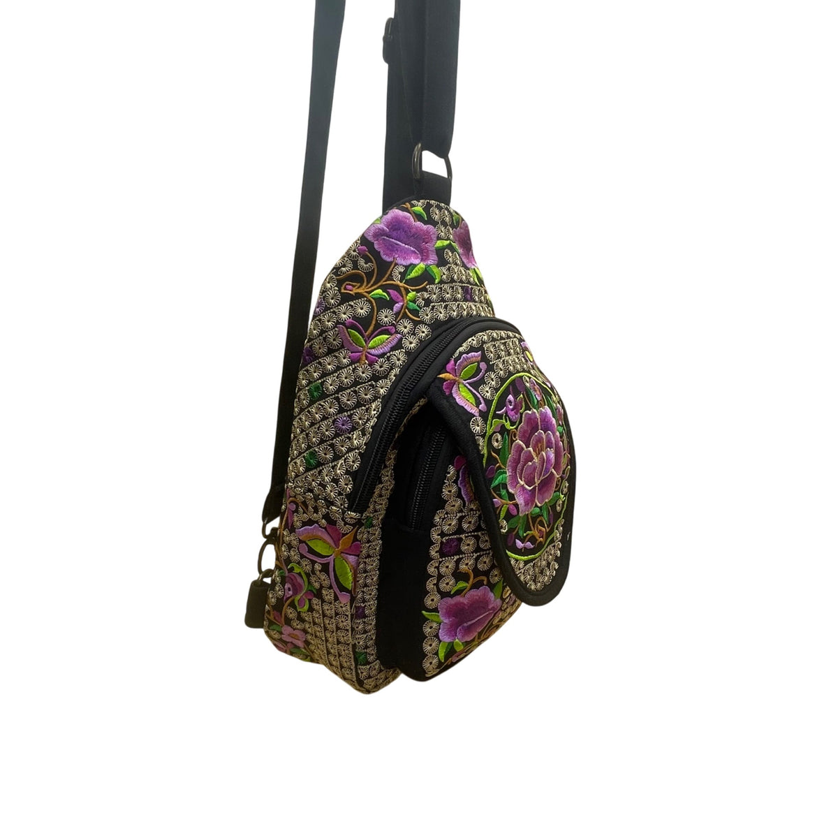 Women’s Black & Purple Floral Embroidered Adjustable Strap Sling Bag Size S