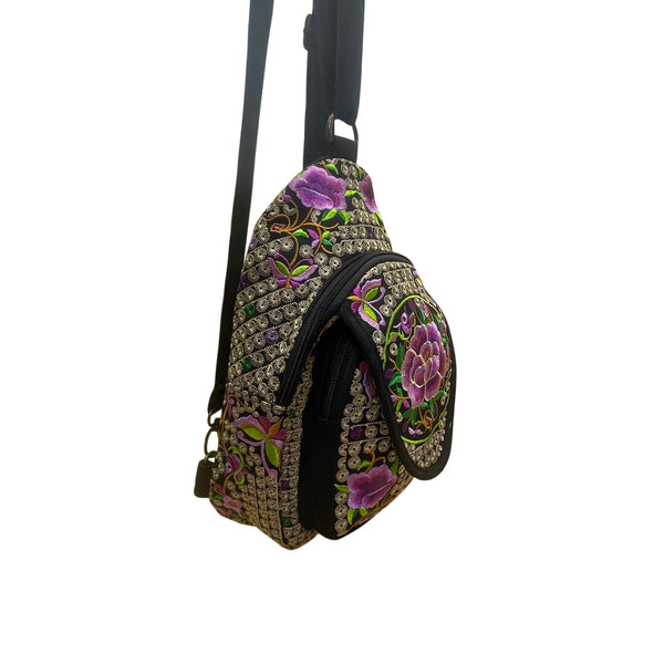 Women’s Black & Purple Floral Embroidered Adjustable Strap Sling Bag Size S