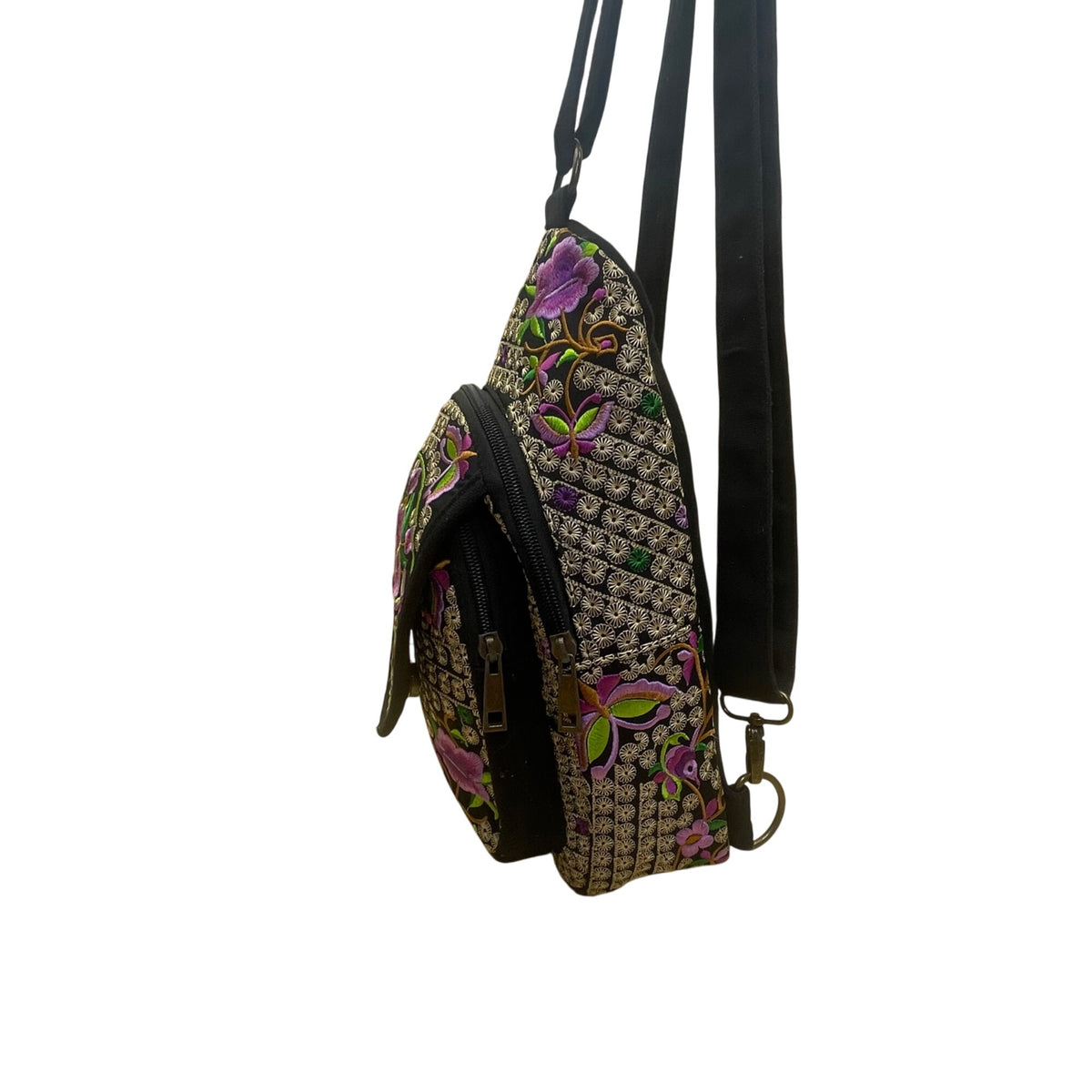 Women’s Black & Purple Floral Embroidered Adjustable Strap Sling Bag Size S