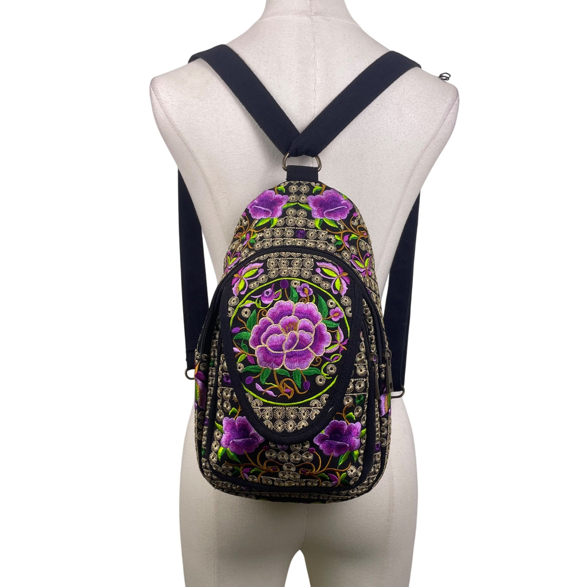 Women’s Black & Purple Floral Embroidered Adjustable Strap Sling Bag Size S