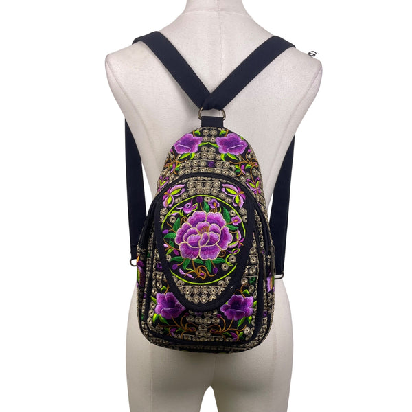 Women’s Black & Purple Floral Embroidered Adjustable Strap Sling Bag Size S
