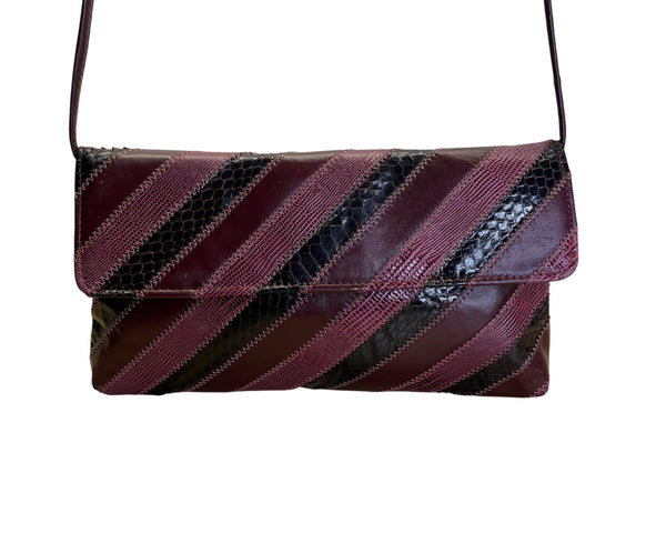 Vintage Dame Burgundy & Black Striped Leather Snake Embossed Shoulder Bag