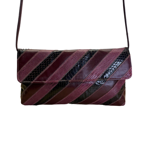 Vintage Dame Burgundy & Black Striped Leather Snake Embossed Shoulder Bag