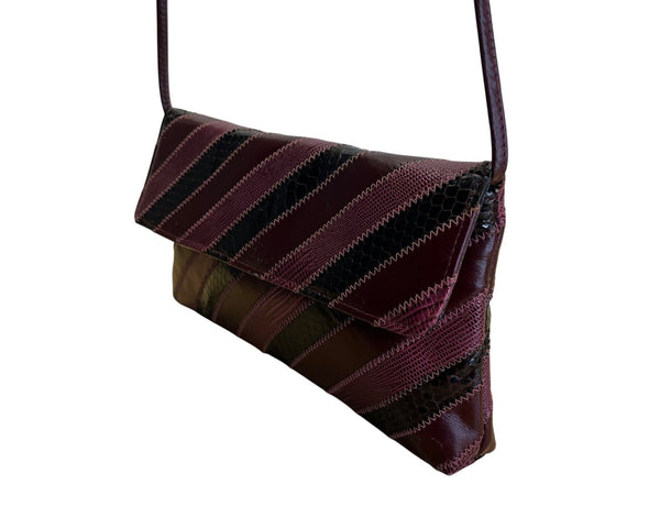 Vintage Dame Burgundy & Black Striped Leather Snake Embossed Shoulder Bag