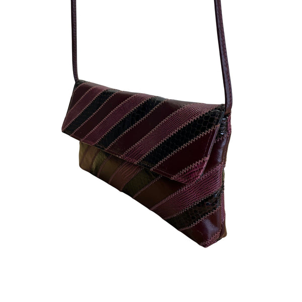 Vintage Dame Burgundy & Black Striped Leather Snake Embossed Shoulder Bag