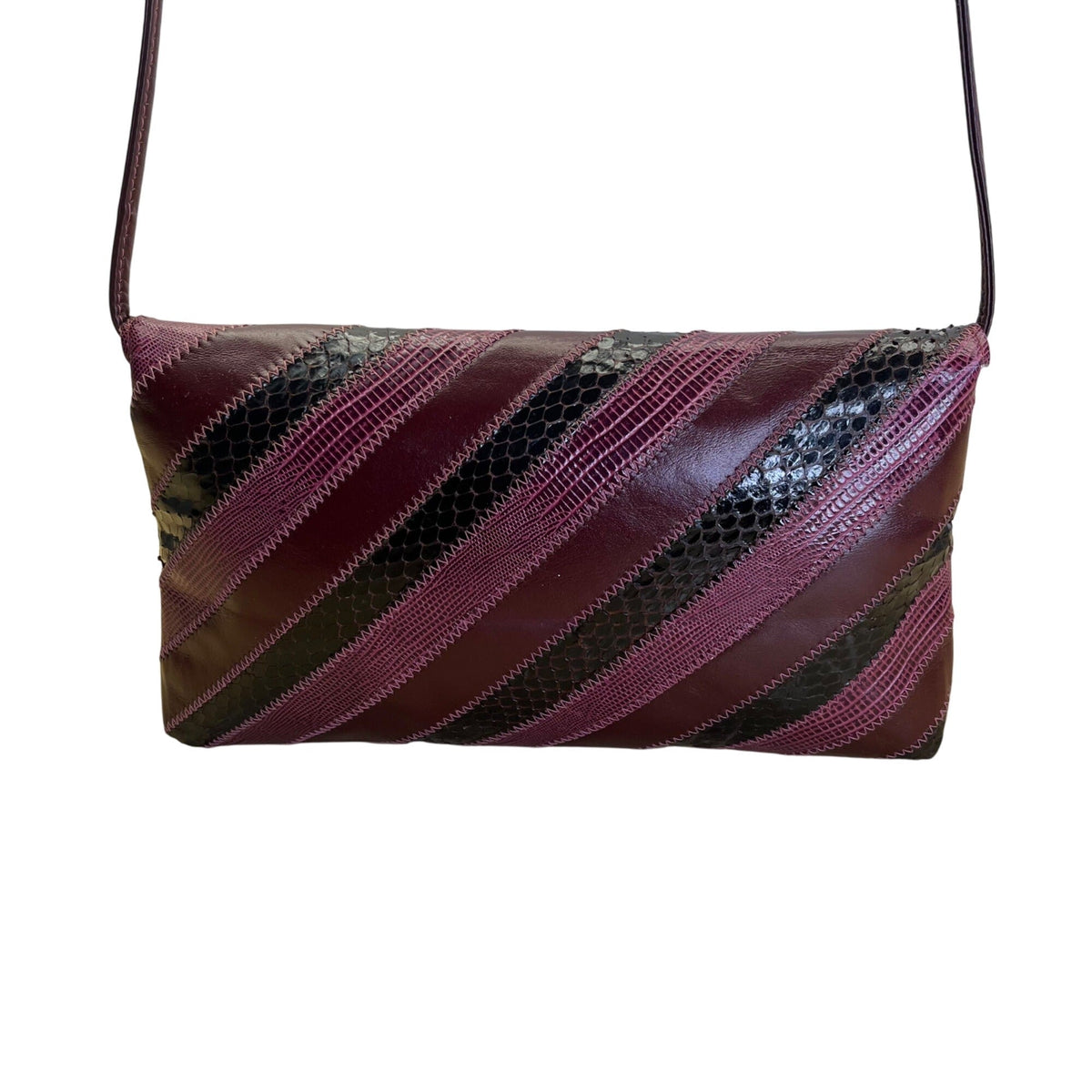 Vintage Dame Burgundy & Black Striped Leather Snake Embossed Shoulder Bag
