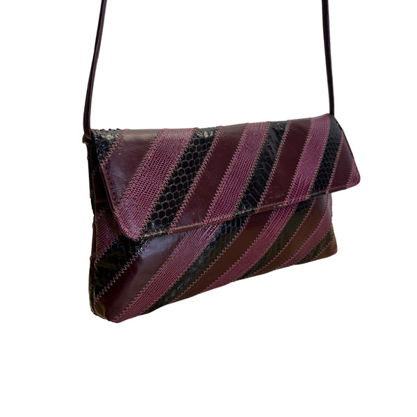 Vintage Dame Burgundy & Black Striped Leather Snake Embossed Shoulder Bag