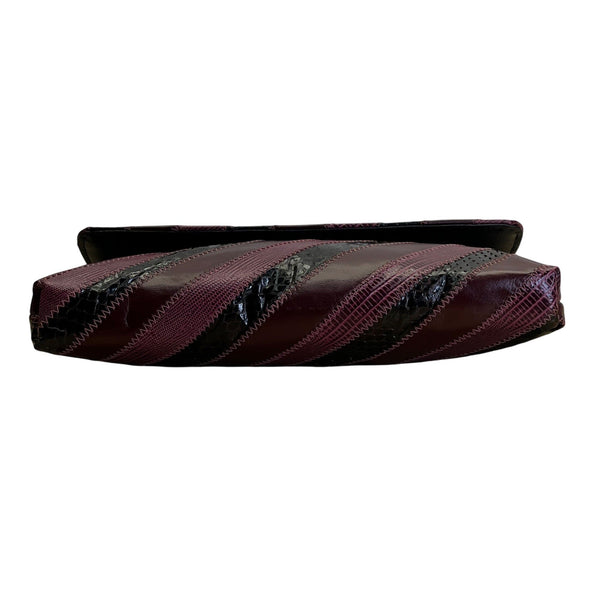 Vintage Dame Burgundy & Black Striped Leather Snake Embossed Shoulder Bag