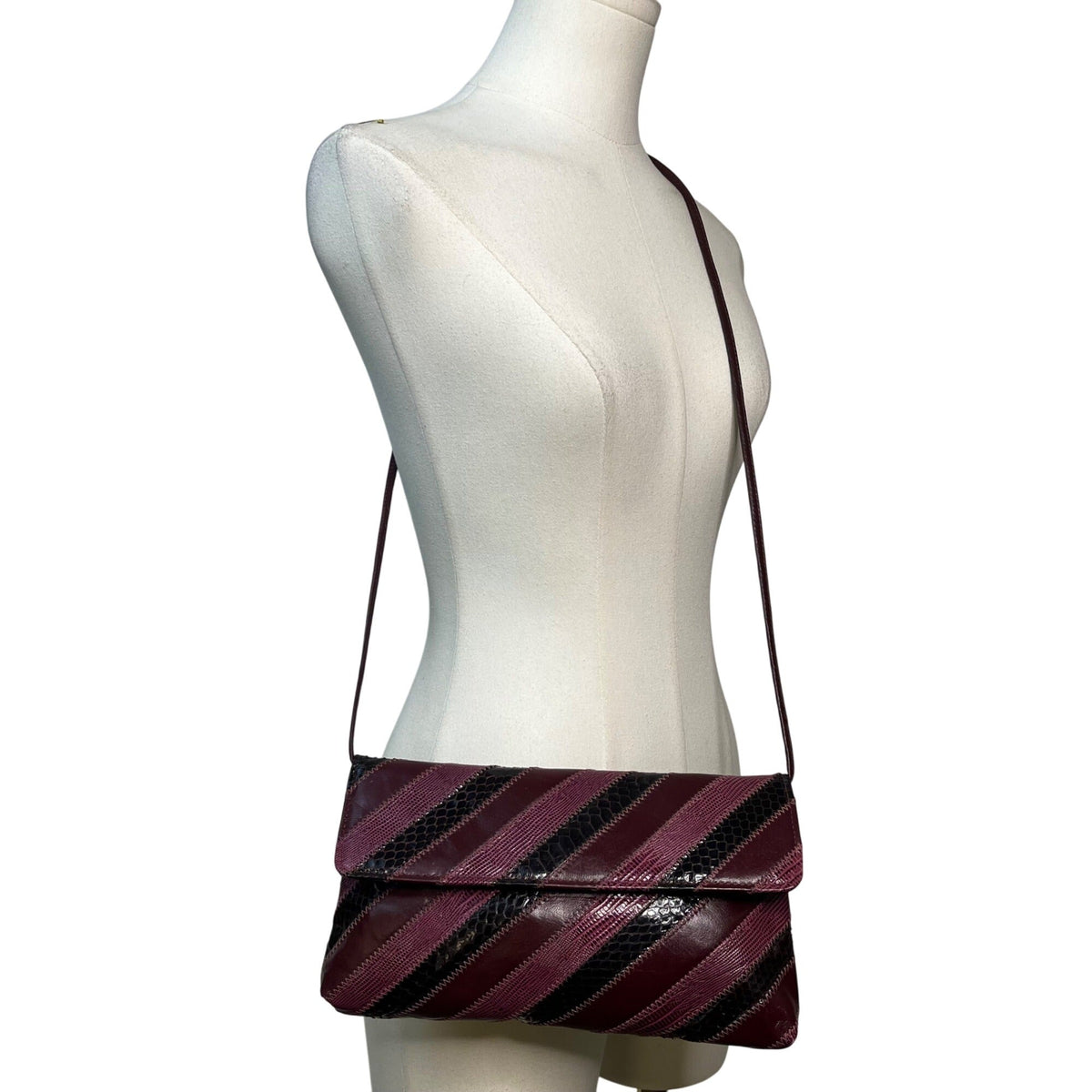 Vintage Dame Burgundy & Black Striped Leather Snake Embossed Shoulder Bag