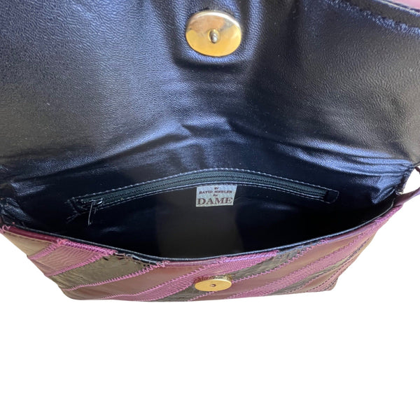 Vintage Dame Burgundy & Black Striped Leather Snake Embossed Shoulder Bag