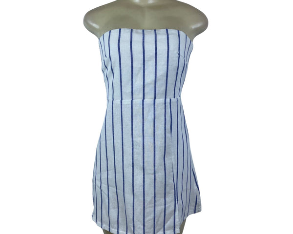 Sndys Womens White & Blue Strapless Mini Dress Striped Smocked Back Sz L - New