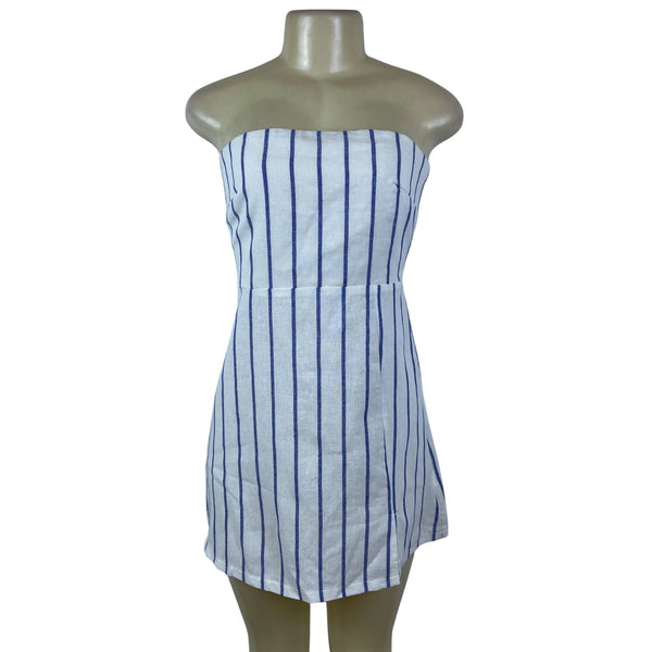 Sndys Womens White & Blue Strapless Mini Dress Striped Smocked Back Sz L - New