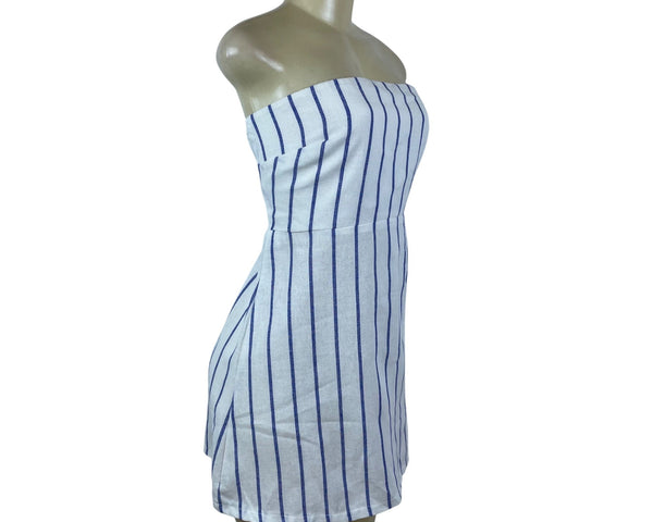 Sndys Womens White & Blue Strapless Mini Dress Striped Smocked Back Sz L - New