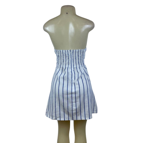 Sndys Womens White & Blue Strapless Mini Dress Striped Smocked Back Sz L - New