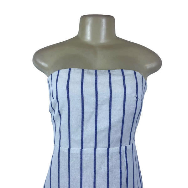 Sndys Womens White & Blue Strapless Mini Dress Striped Smocked Back Sz L - New