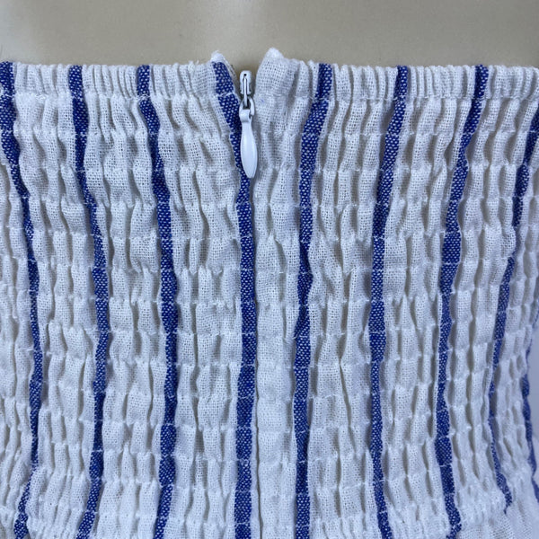Sndys Womens White & Blue Strapless Mini Dress Striped Smocked Back Sz L - New