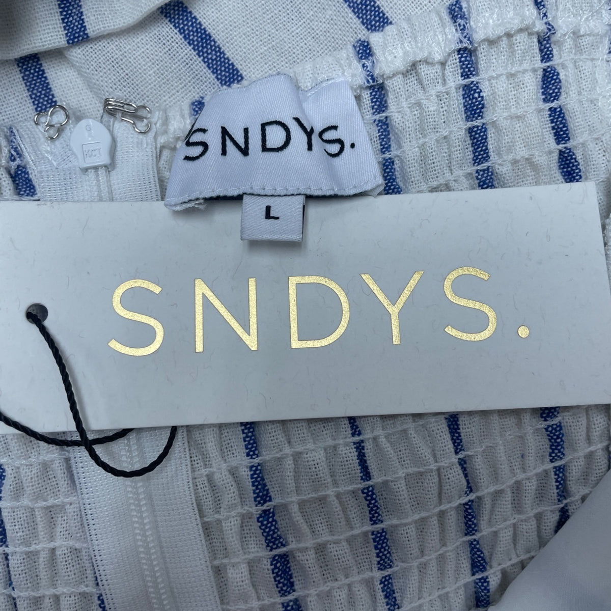 Sndys Womens White & Blue Strapless Mini Dress Striped Smocked Back Sz L - New