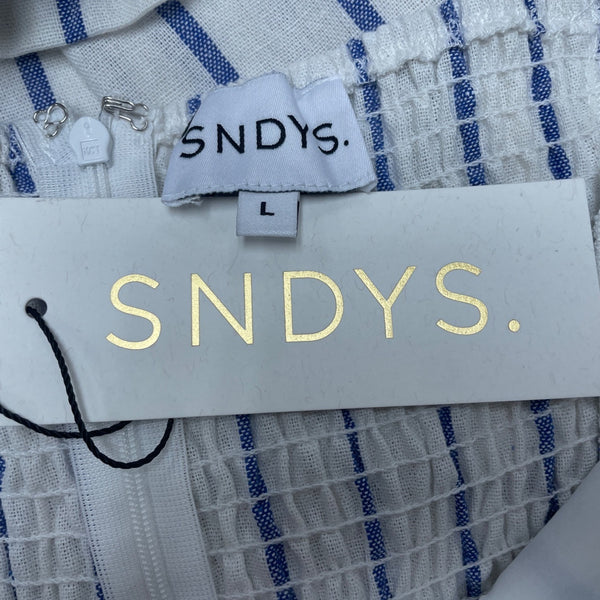 Sndys Womens White & Blue Strapless Mini Dress Striped Smocked Back Sz L - New