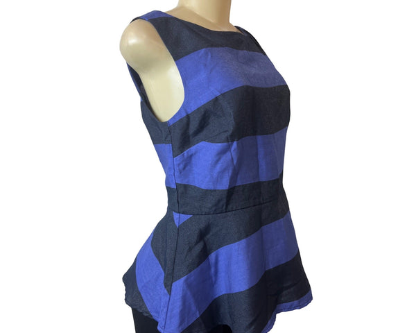 Banana Republic Women's Black & Blue Striped Sleeveless Peplum Shirt Sz 6