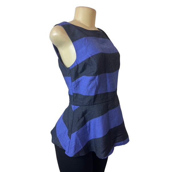 Banana Republic Women's Black & Blue Striped Sleeveless Peplum Shirt Sz 6