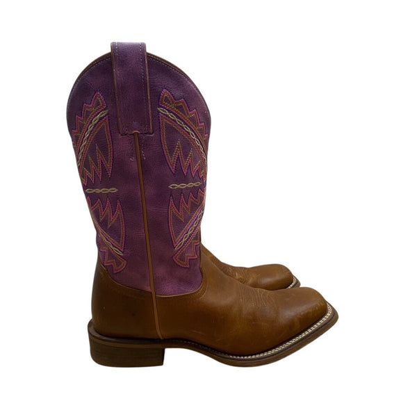Nocona Womens Brown Leather Purple Details Western Cowboy Square Toe Boots Sz 9B