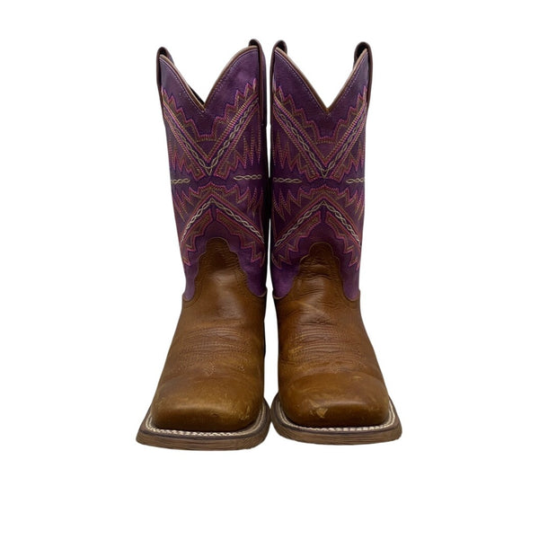 Nocona Womens Brown Leather Purple Details Western Cowboy Square Toe Boots Sz 9B