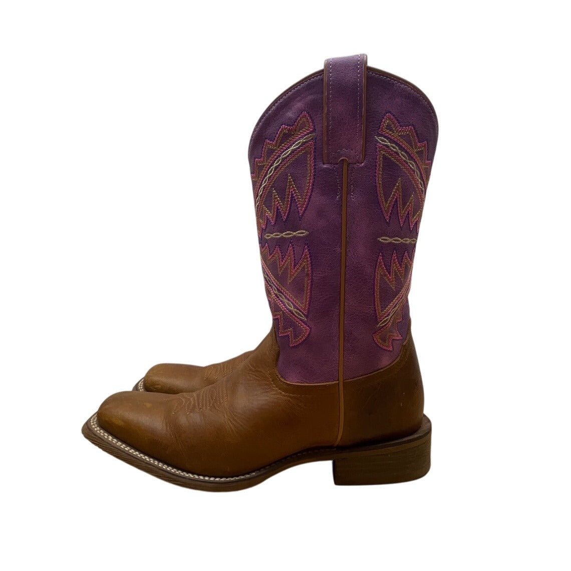 Nocona Womens Brown Leather Purple Details Western Cowboy Square Toe Boots Sz 9B