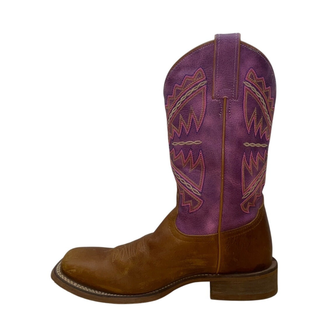 Nocona Womens Brown Leather Purple Details Western Cowboy Square Toe Boots Sz 9B