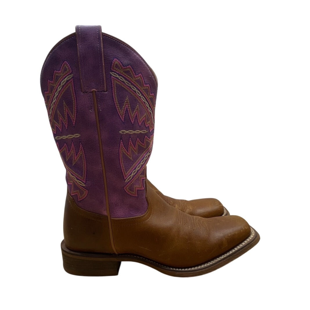 Nocona Womens Brown Leather Purple Details Western Cowboy Square Toe Boots Sz 9B