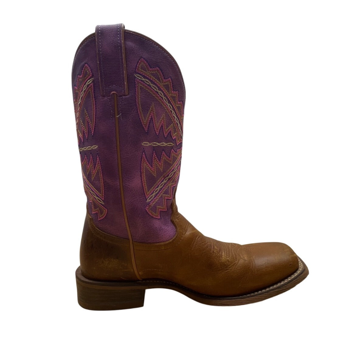 Nocona Womens Brown Leather Purple Details Western Cowboy Square Toe Boots Sz 9B