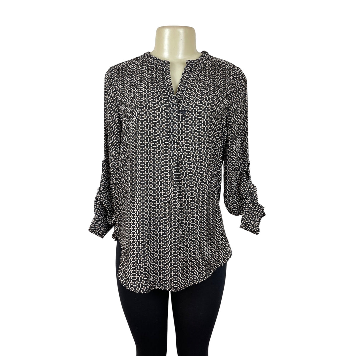 Pleione Black & White Geometric Print Blouse With Button Accents Size S- New