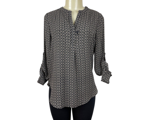 Pleione Black & White Geometric Print Blouse With Button Accents Size S- New