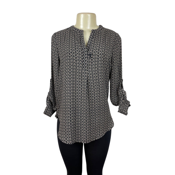 Pleione Black & White Geometric Print Blouse With Button Accents Size S- New