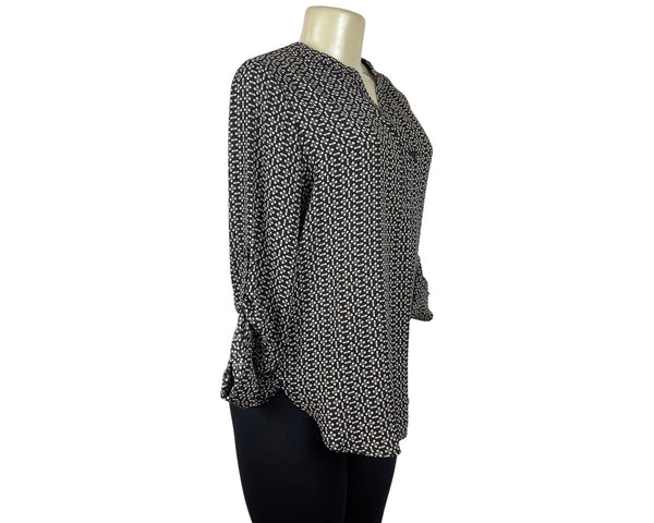 Pleione Black & White Geometric Print Blouse With Button Accents Size S- New