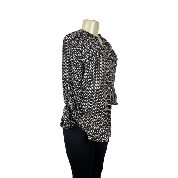 Pleione Black & White Geometric Print Blouse With Button Accents Size S- New