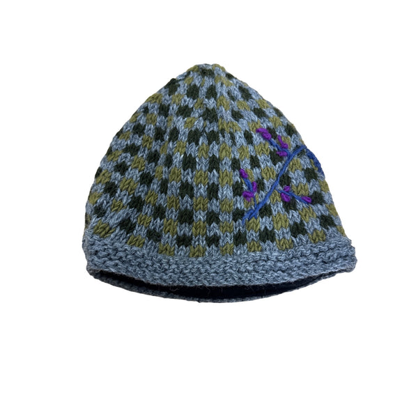 Rising Tide Unisex Gray & Green Wool Knit Beanie With Floral Embroidery One Size