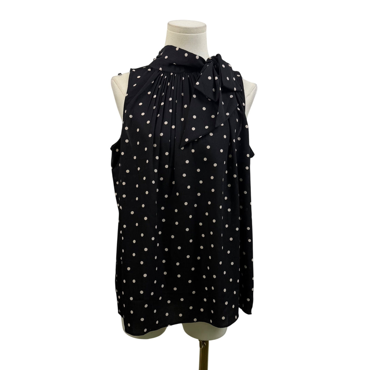 Ann Taylor Women’s Black Polka Dot Blouse Bow Neck Sleeveless Size M - New