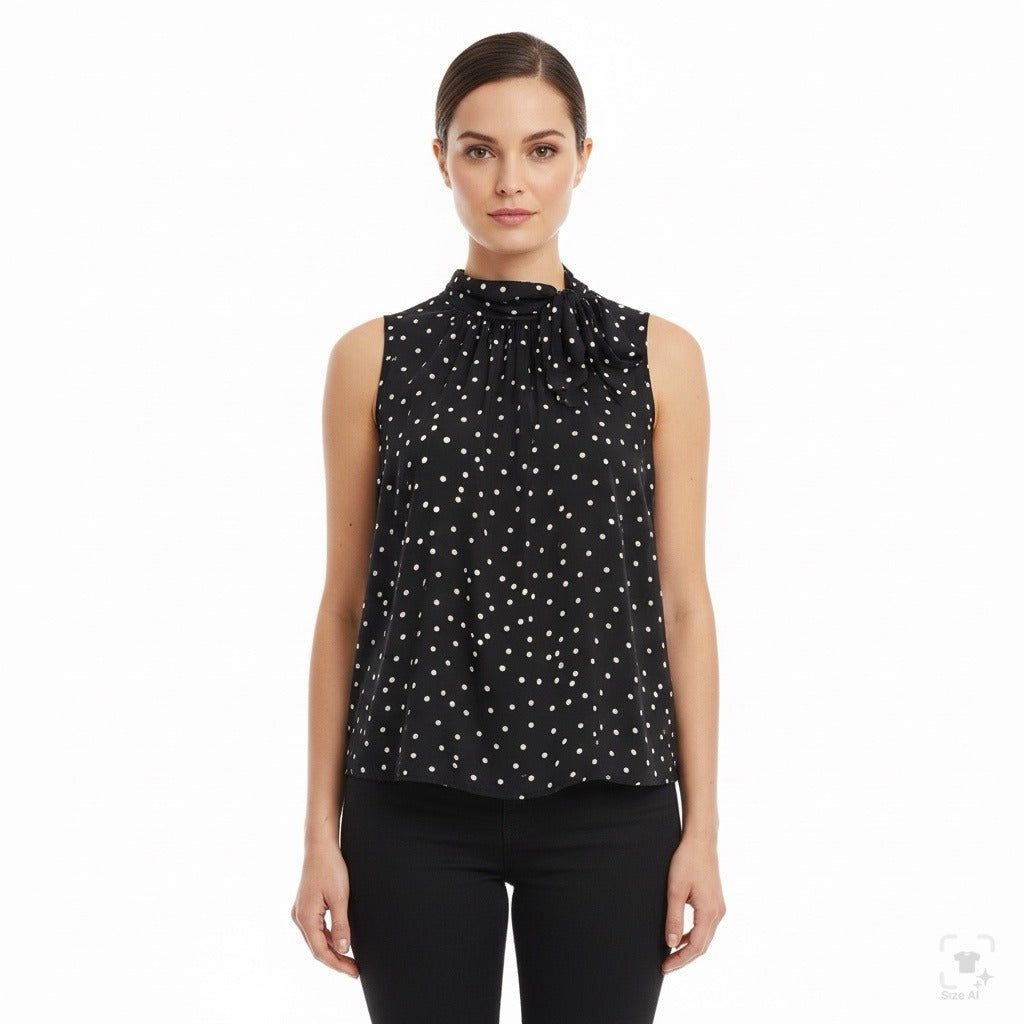 Ann Taylor Women’s Black Polka Dot Blouse Bow Neck Sleeveless Size M - New