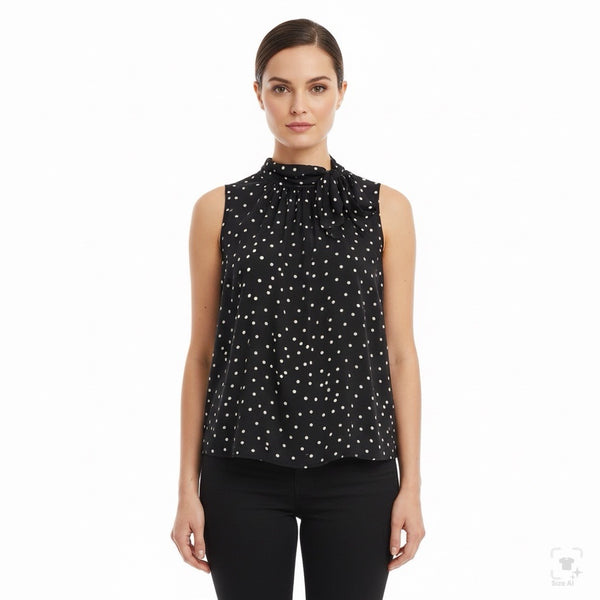 Ann Taylor Women’s Black Polka Dot Blouse Bow Neck Sleeveless Size M - New