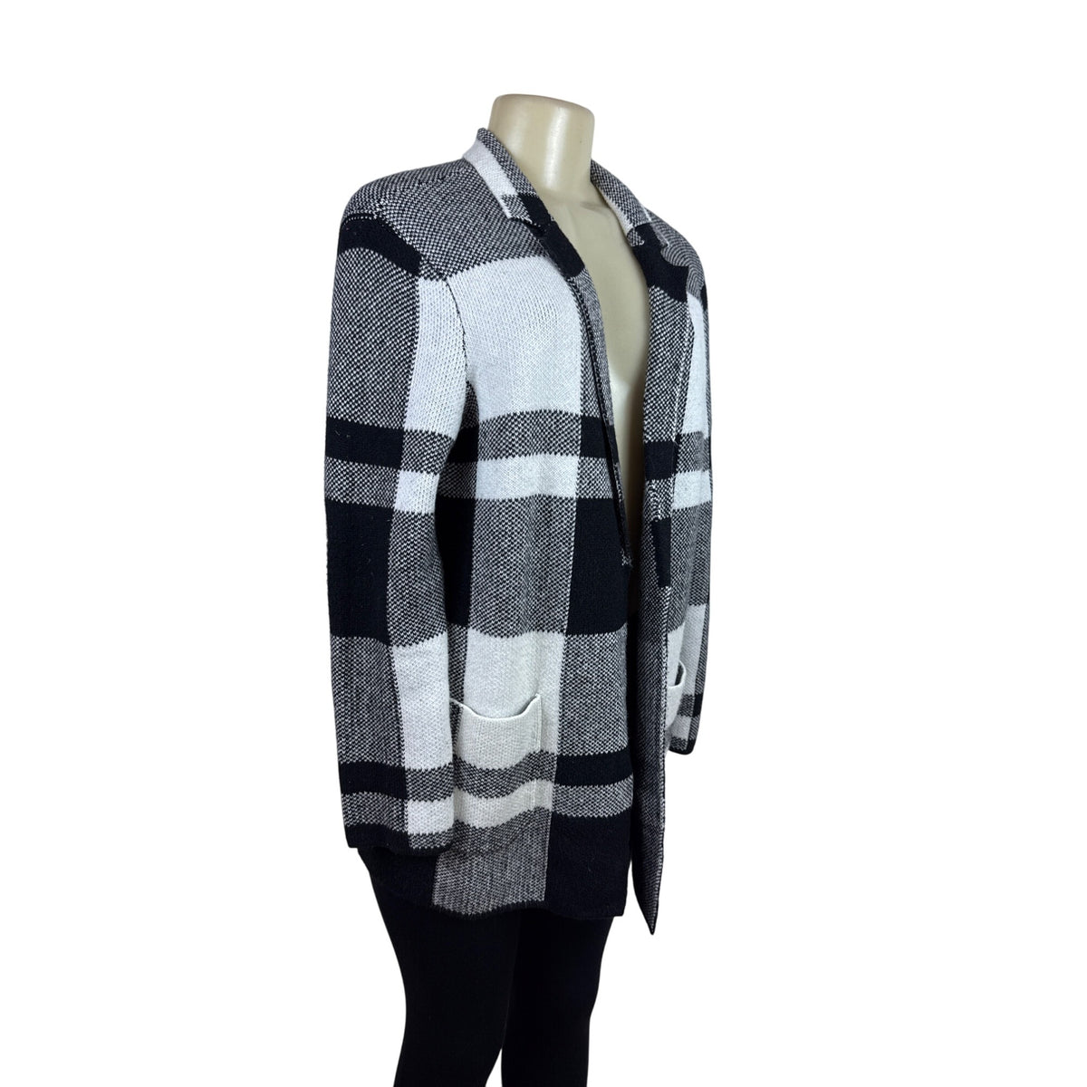 Talbots Women's Black & White Knit Plaid Open Front Cardigan Size LP