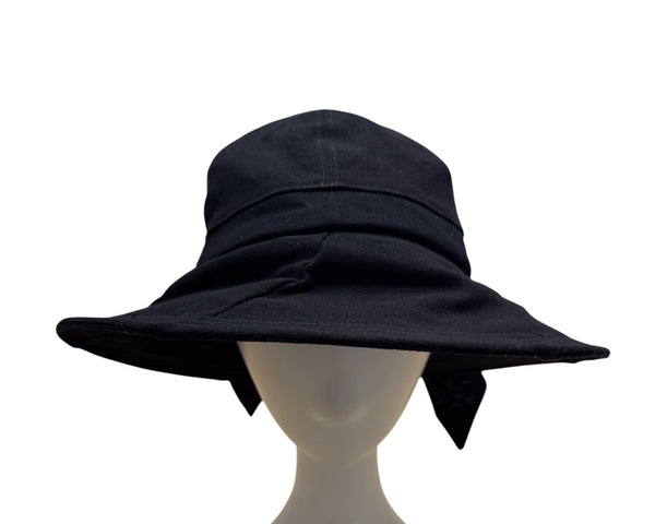 John Callanan Black Cotton Wide Brim Bucket Hat With Bow & Logo Detail For Women