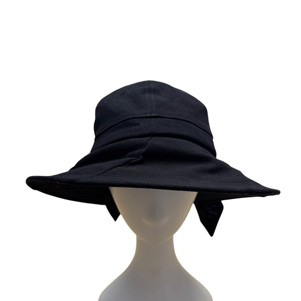 John Callanan  Black Cotton Wide Brim Bucket Hat With Bow & Logo Detail For Women