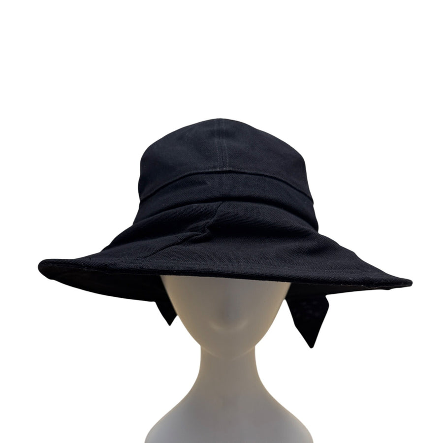 John Callanan Black Cotton Wide Brim Bucket Hat With Bow & Logo Detail For Women